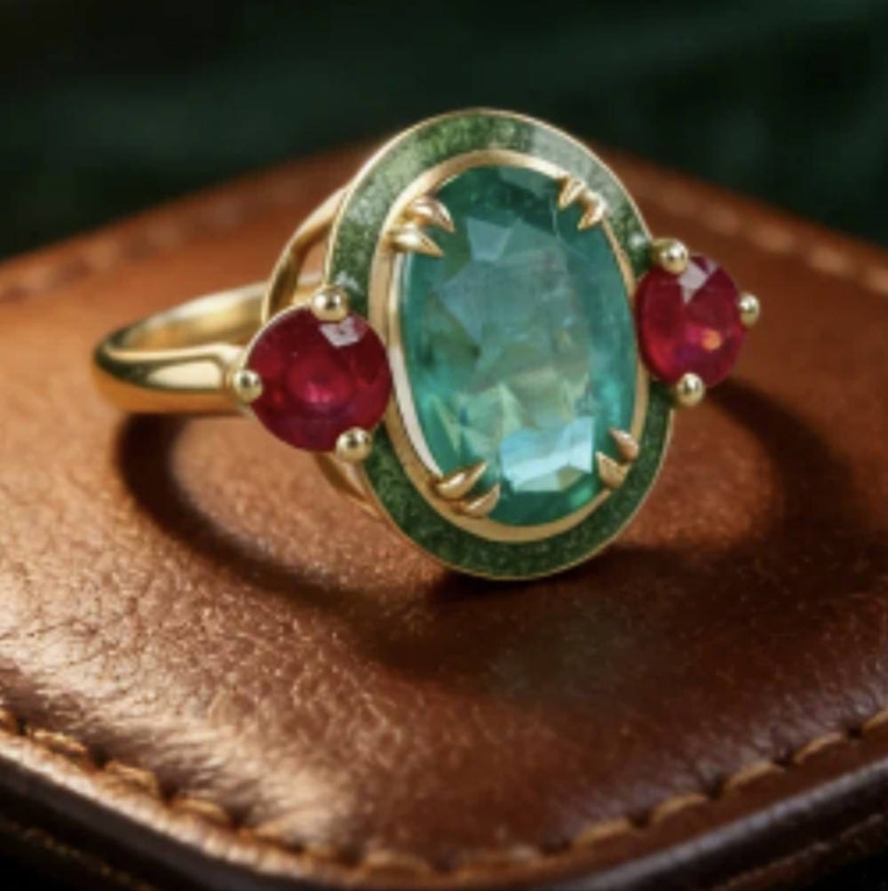 Gold-Plated Emerald and Ruby Statement Ring - Green & Red